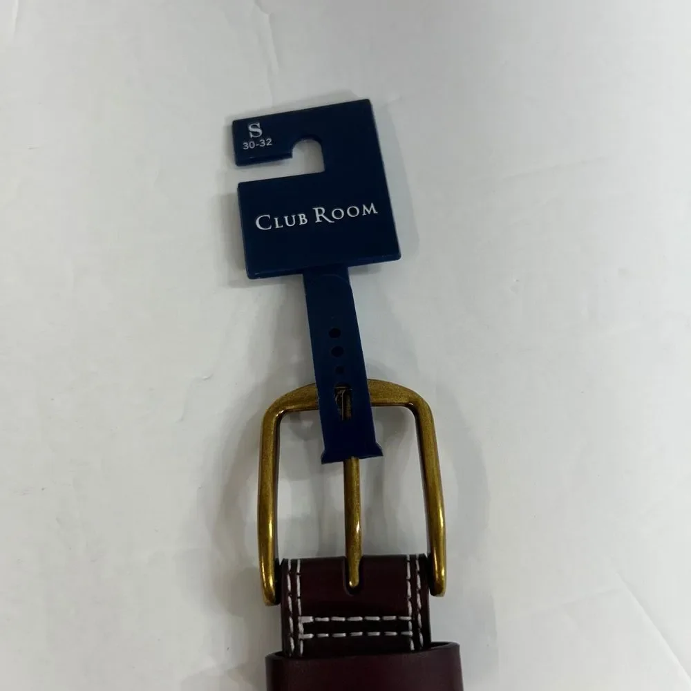 Club Room Double-Stitch Belt Mens Small 30-32 Burgundy‎ Leather Gold Buckle